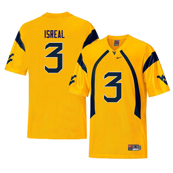 Men #3 David Isreal West Virginia Mountaineers Retro College Football Jerseys Sale-Yellow - Click Image to Close